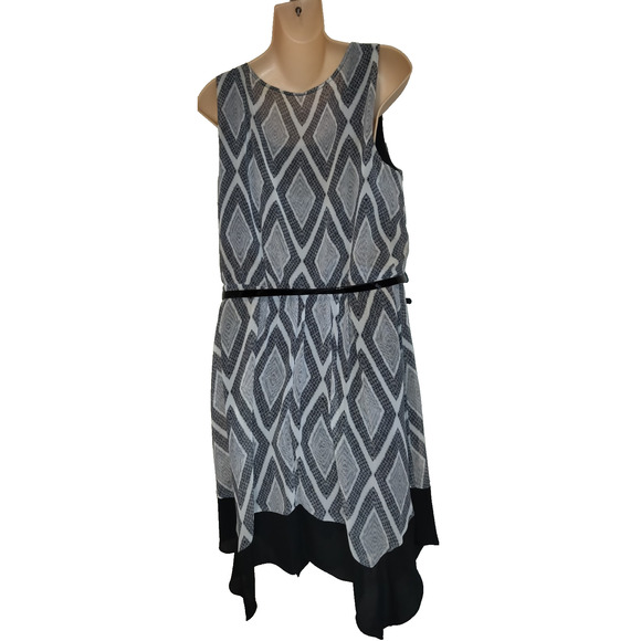 AB Studio Black & White Dress Womens Sz XL Belted Asymmetrical Bottom Chevron - Picture 5 of 16